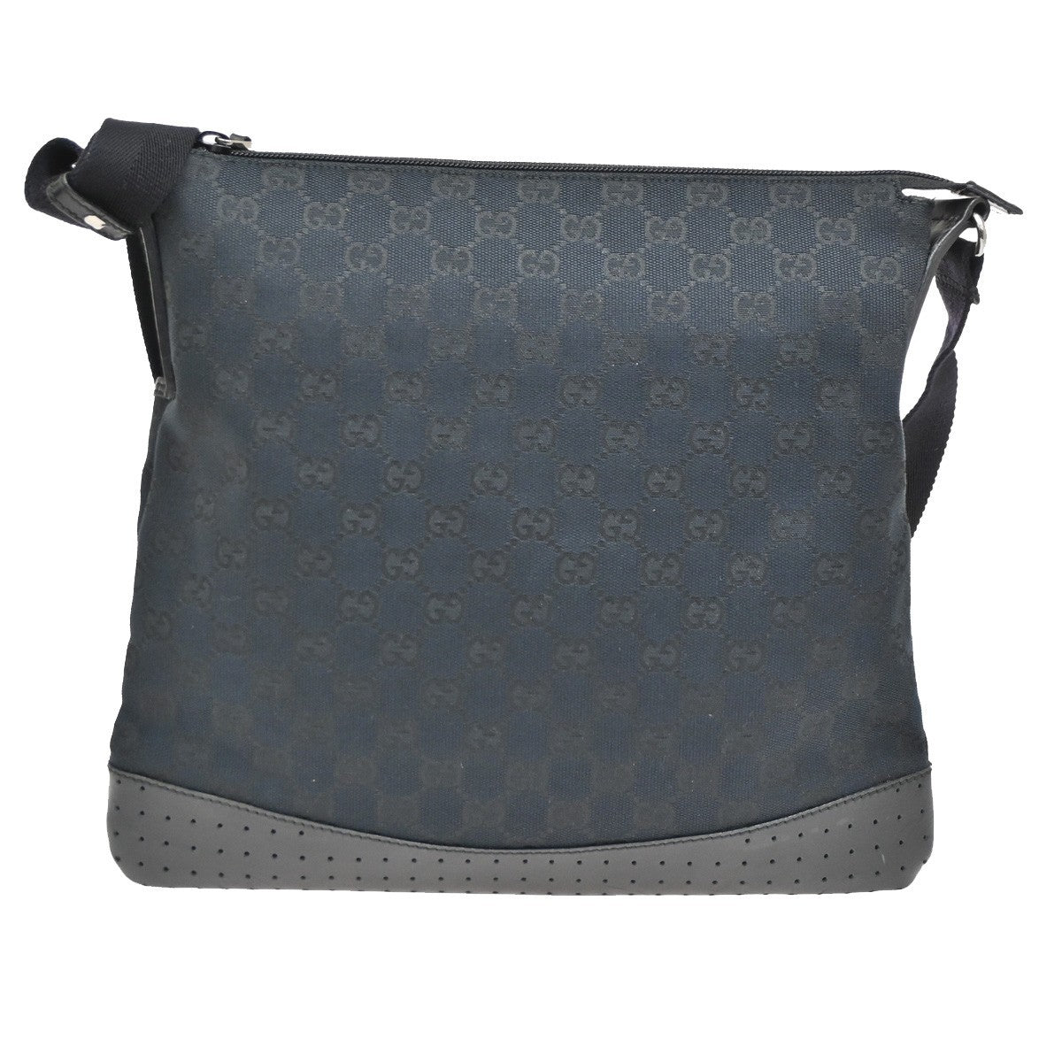 Gucci Zip Messenger Bag GG Canvas with Perforated Leather, BLACK, CANVAS, Shoulder bag
