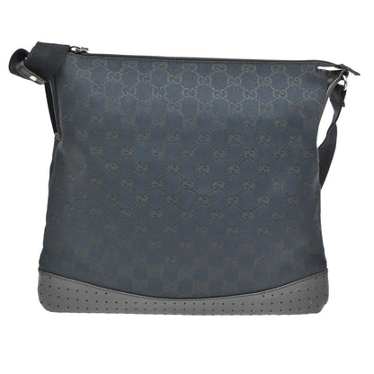 Gucci Zip Messenger Bag GG Canvas with Perforated Leather, BLACK, CANVAS, Shoulder bag