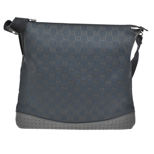 Gucci Zip Messenger Bag GG Canvas with Perforated Leather, BLACK, CANVAS, Shoulder bag
