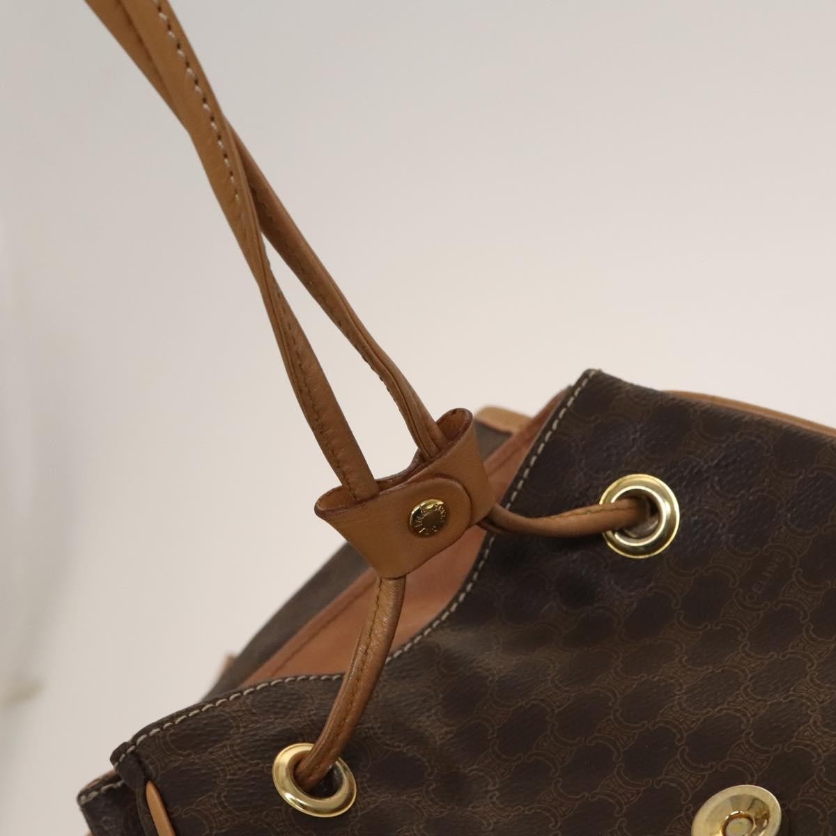 Celine Vintage Drawstring Flap Backpack Macadam Coated Canvas, BROWN, CANVAS, Backpack