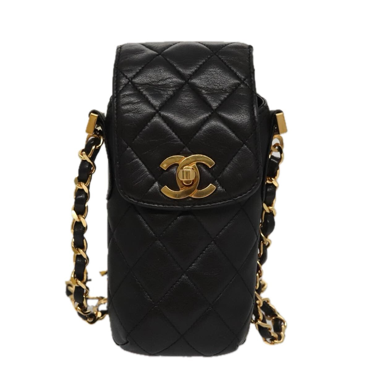 Chanel CC Phone Pouch with Chain Quilted Lambskin, BLACK, LEATHER, Crossbody bag