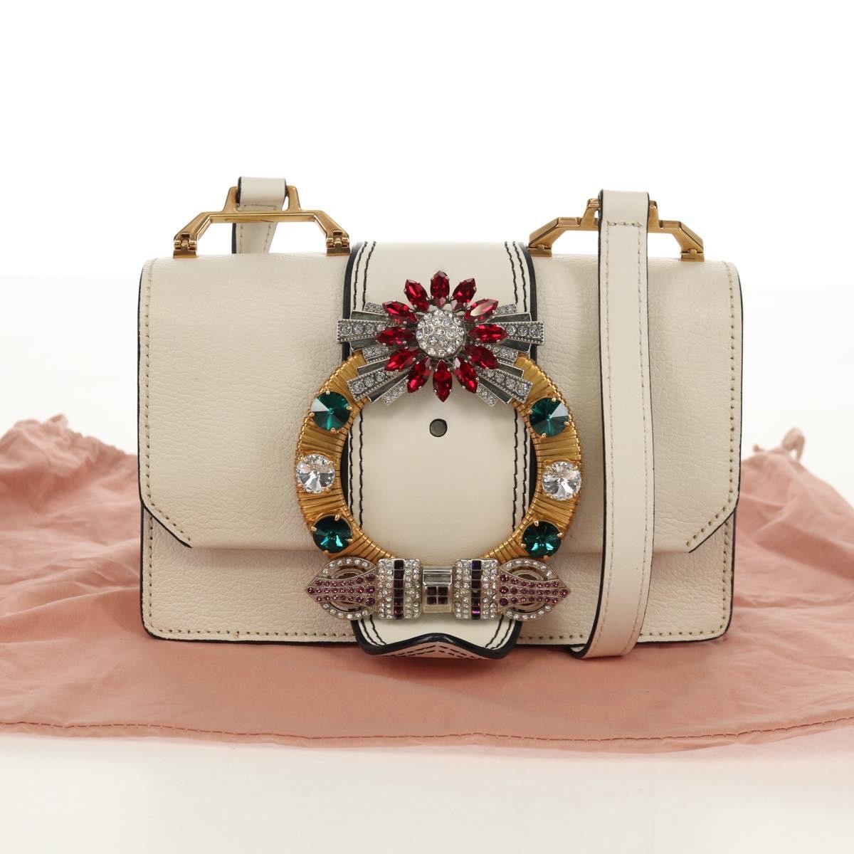 Miu Miu Madras Crystal Buckle Shoulder Bag Leather, WHITE, LEATHER, Shoulder bag