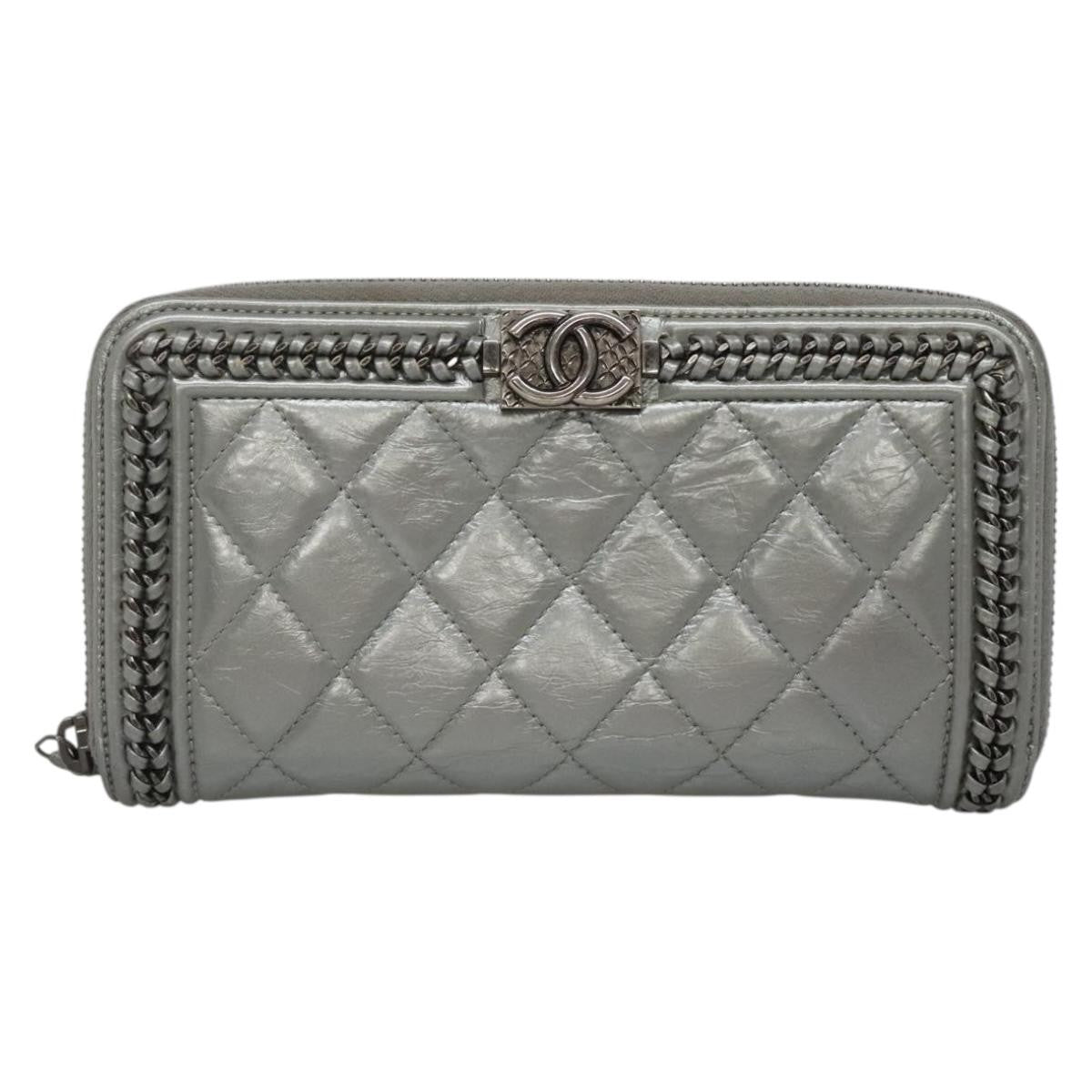 Chanel Boy Zip Jacket Wallet Quilted Calfskin, SILVER, LEATHER, Wallets