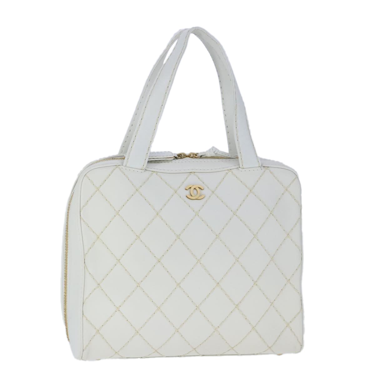 Chanel Surpique Zip Around Satchel Quilted Leather, WHITE, LEATHER, Handbag
