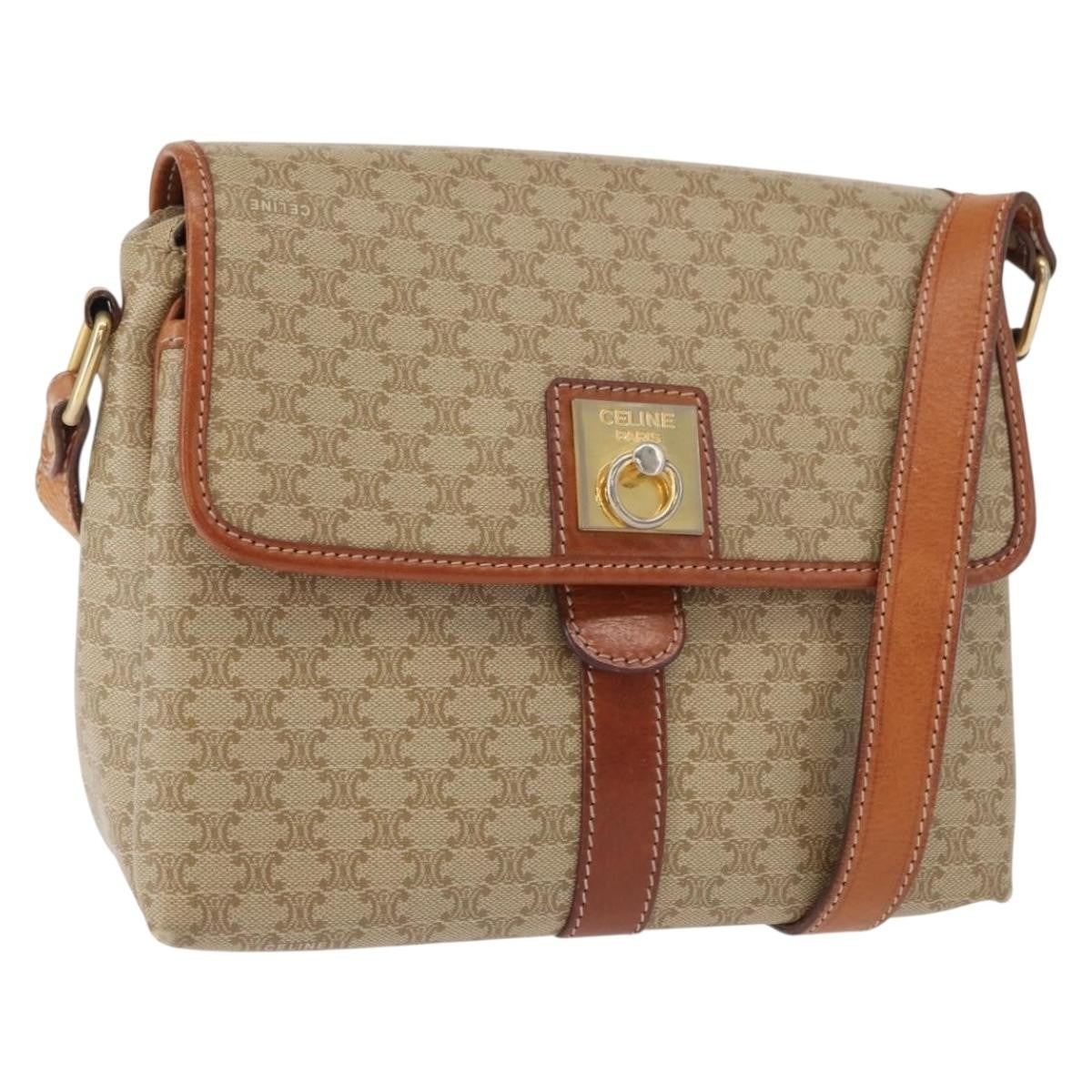 Celine Vintage Macadam Shoulder Bag Canvas and Leather, BEIGE, CANVAS, Shoulder bag