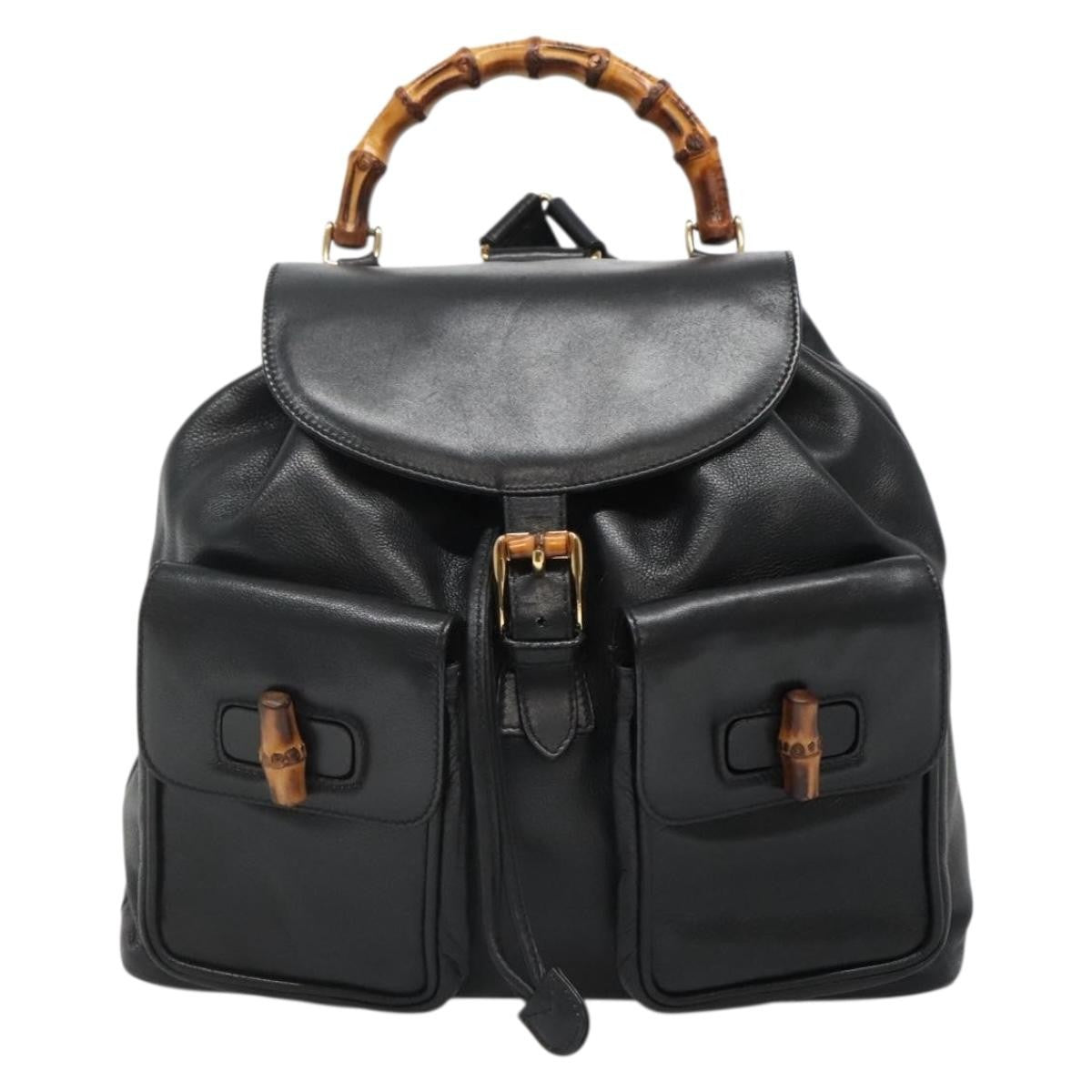 Gucci Vintage Bamboo Backpack Leather, BLACK, LEATHER, Backpack