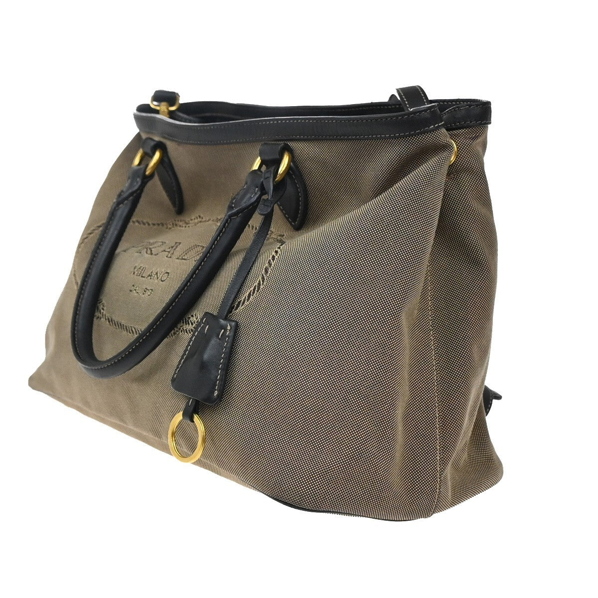 Prada Logo Convertible Tote Canvas with Leather, BROWN, CANVAS, Tote bag