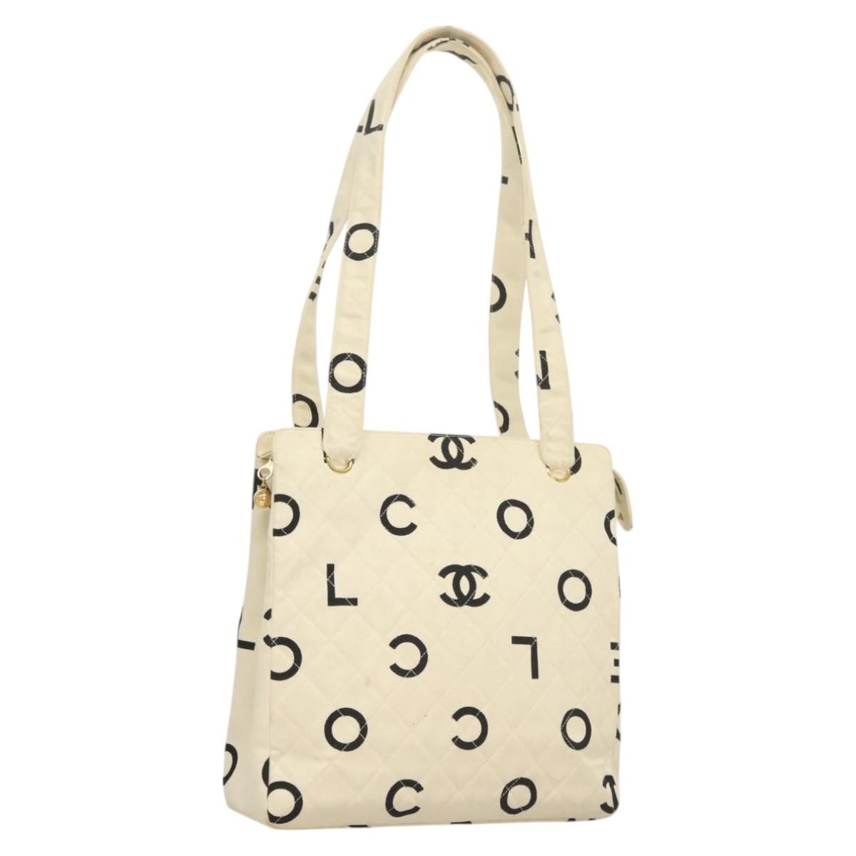 Chanel Vintage Coco Logo Zip Tote Quilted Printed Canvas, WHITE, CANVAS, Tote bag