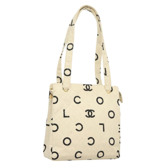 Chanel Vintage Coco Logo Zip Tote Quilted Printed Canvas, WHITE, CANVAS, Tote bag