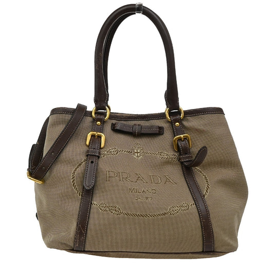 Prada Logo Convertible Tote Canvas with Leather, BROWN, CANVAS, Tote bag
