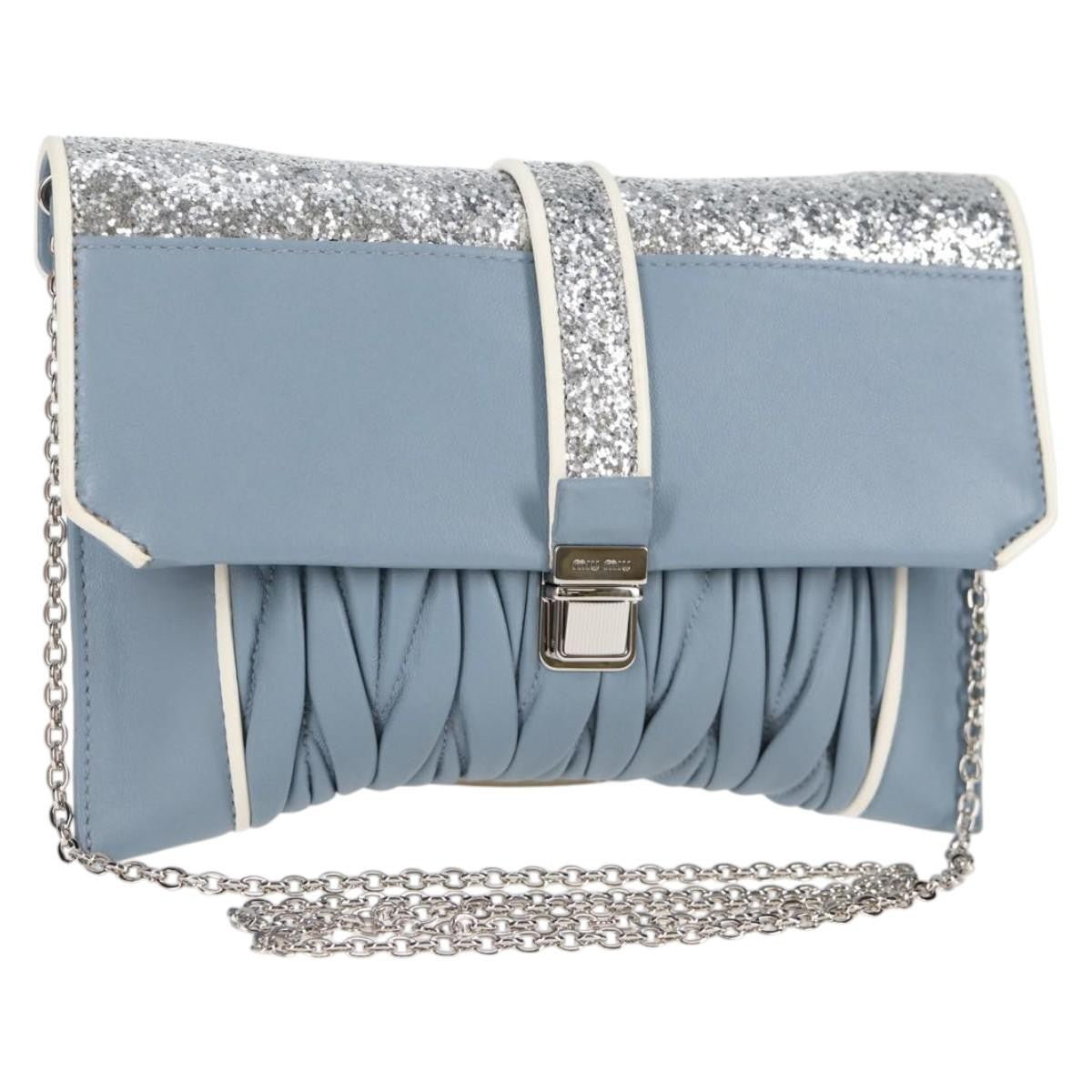 Miu Miu Madras Chain Clutch Matelasse Leather with Glitter, BLUE, LEATHER, Shoulder bag
