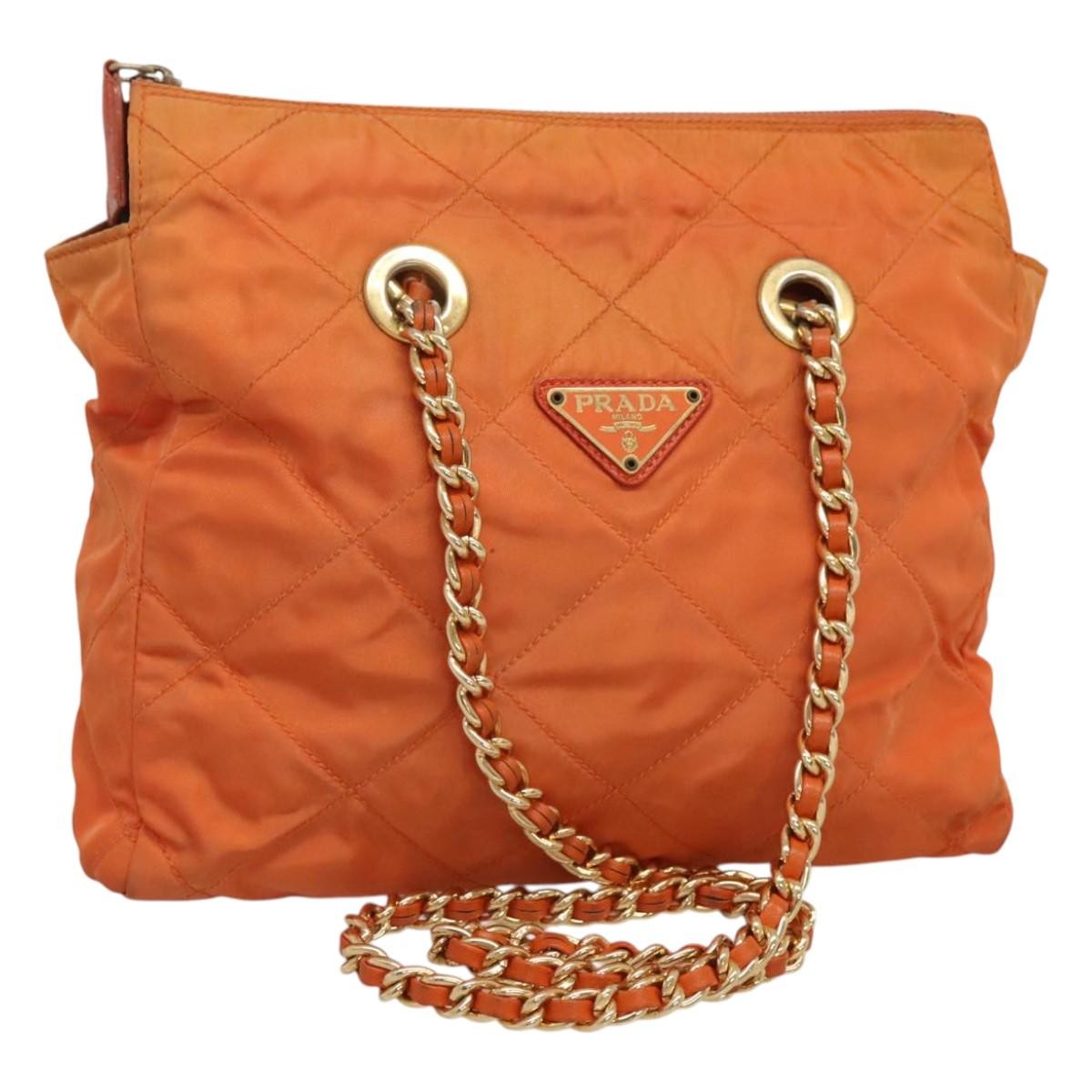 Prada Chain Shoulder Bag Quilted Tessuto, ORANGE, NYLON, Shoulder bag