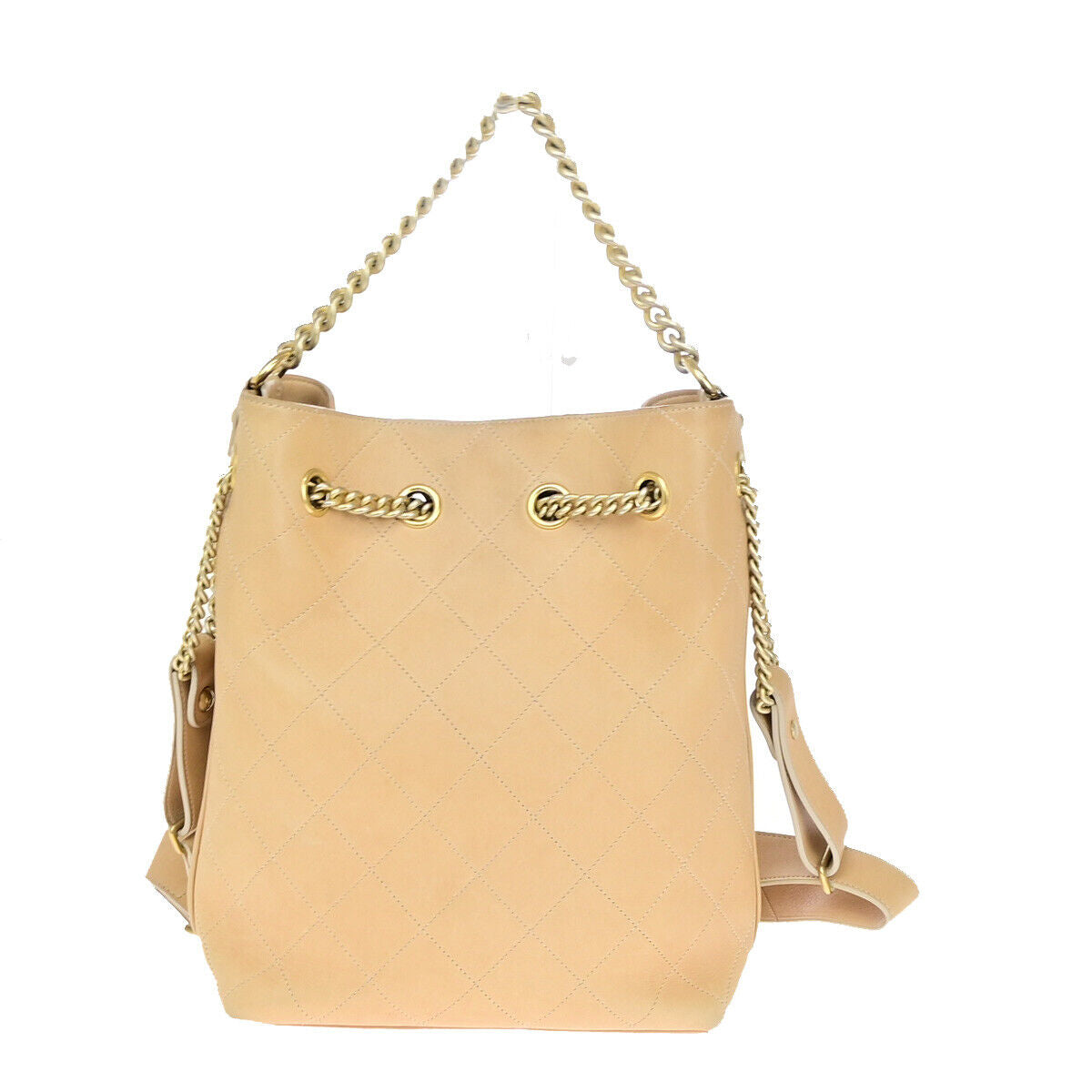 Chanel On My Shoulder Drawstring Bag Quilted Calfskin, BEIGE, LEATHER, Shoulder bag