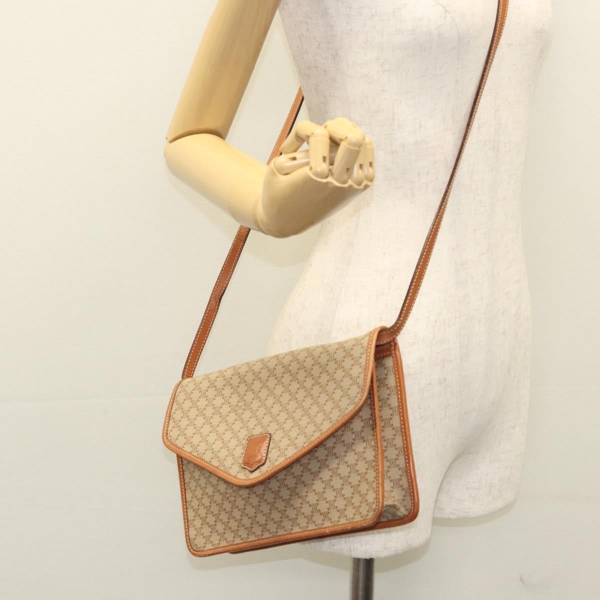 Celine Vintage Macadam Shoulder Bag Canvas and Leather, BEIGE, CANVAS, Shoulder bag