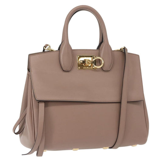 Salvatore Ferragamo Studio Satchel Leather, BEIGE, LEATHER, Handbag