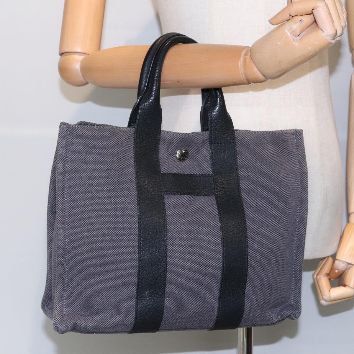 Hermes Sac Harnais Tote Toile and Leather, GRAY, CANVAS, Tote bag