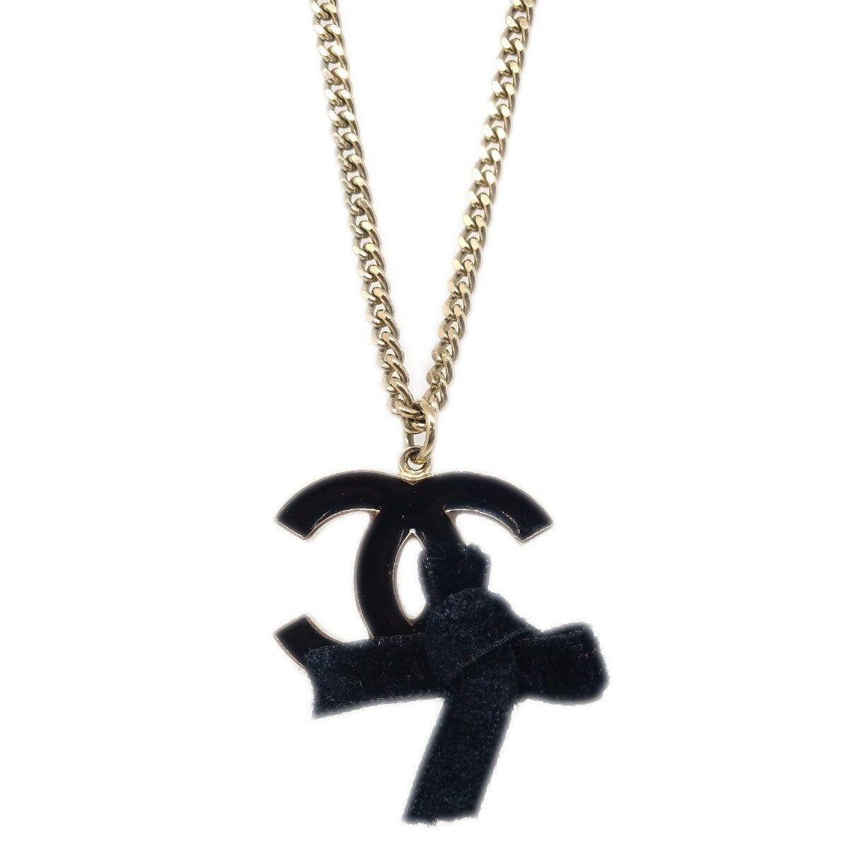 Chanel CC Bow Chain Pendant Necklace Metal with Leather, GOLD, GOLD_PLATED, Necklace