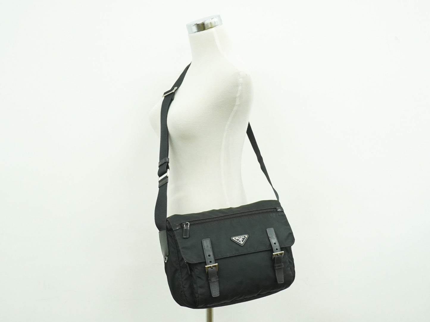 Prada Zip Buckle Messenger Bag Tessuto, BLACK, NYLON, Shoulder bag