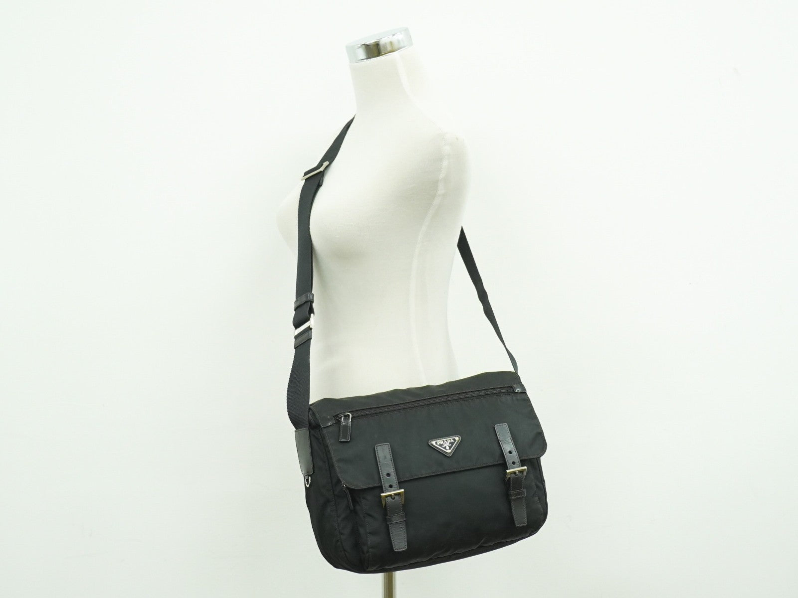 Prada Zip Buckle Messenger Bag Tessuto, BLACK, NYLON, Shoulder bag