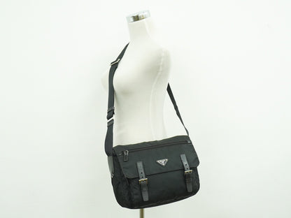 Prada Zip Buckle Messenger Bag Tessuto, BLACK, NYLON, Shoulder bag