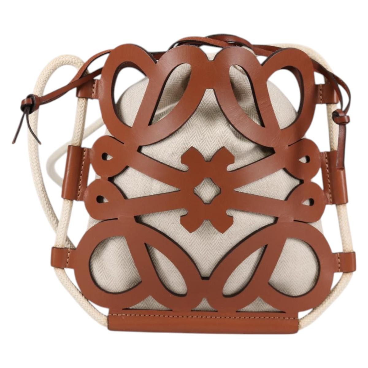 Loewe Anagram Drawstring Bucket Crossbody Bag Leather with Canvas, BEIGE, LEATHER, Crossbody bag