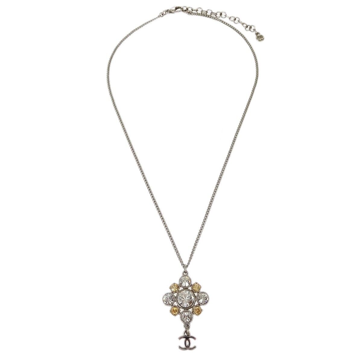 Chanel CC Cluster Drop Pendant Necklace Metal with Crystals, SILVER, SILVER_PLATED, Necklace