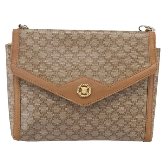 Celine Vintage Macadam Shoulder Bag Canvas and Leather, BEIGE, CANVAS, Shoulder bag