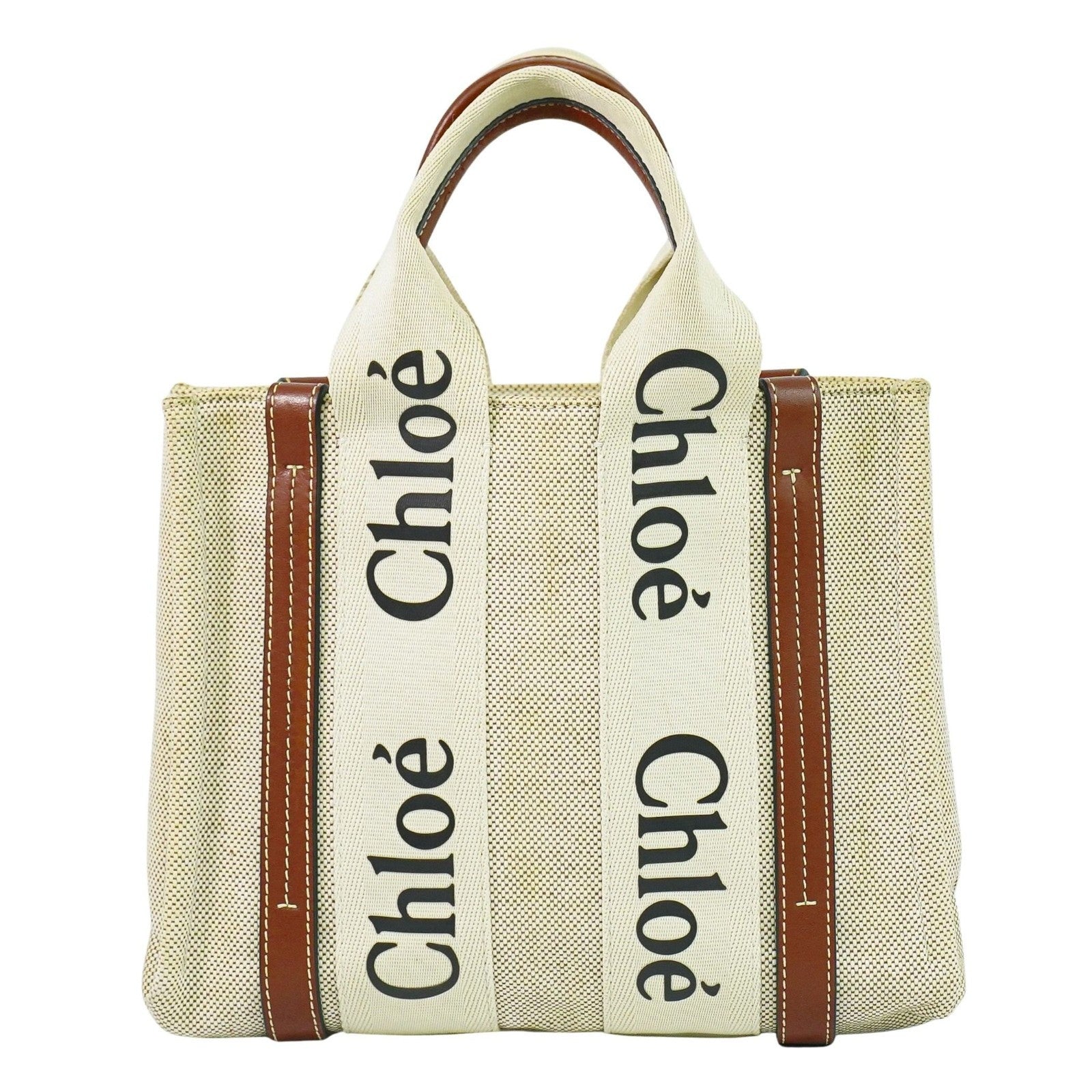 Chloe Woody Convertible Tote Canvas with Leather, BEIGE, CANVAS, Tote bag