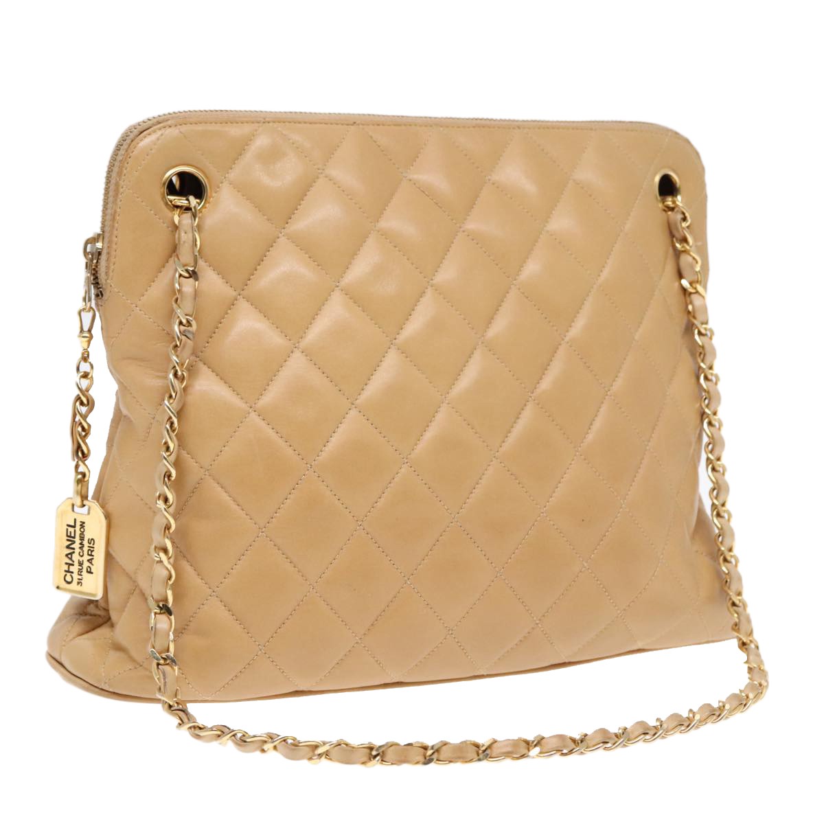 Chanel Vintage Chain Shoulder Bag Quilted Lambskin, BEIGE, LEATHER, Shoulder bag