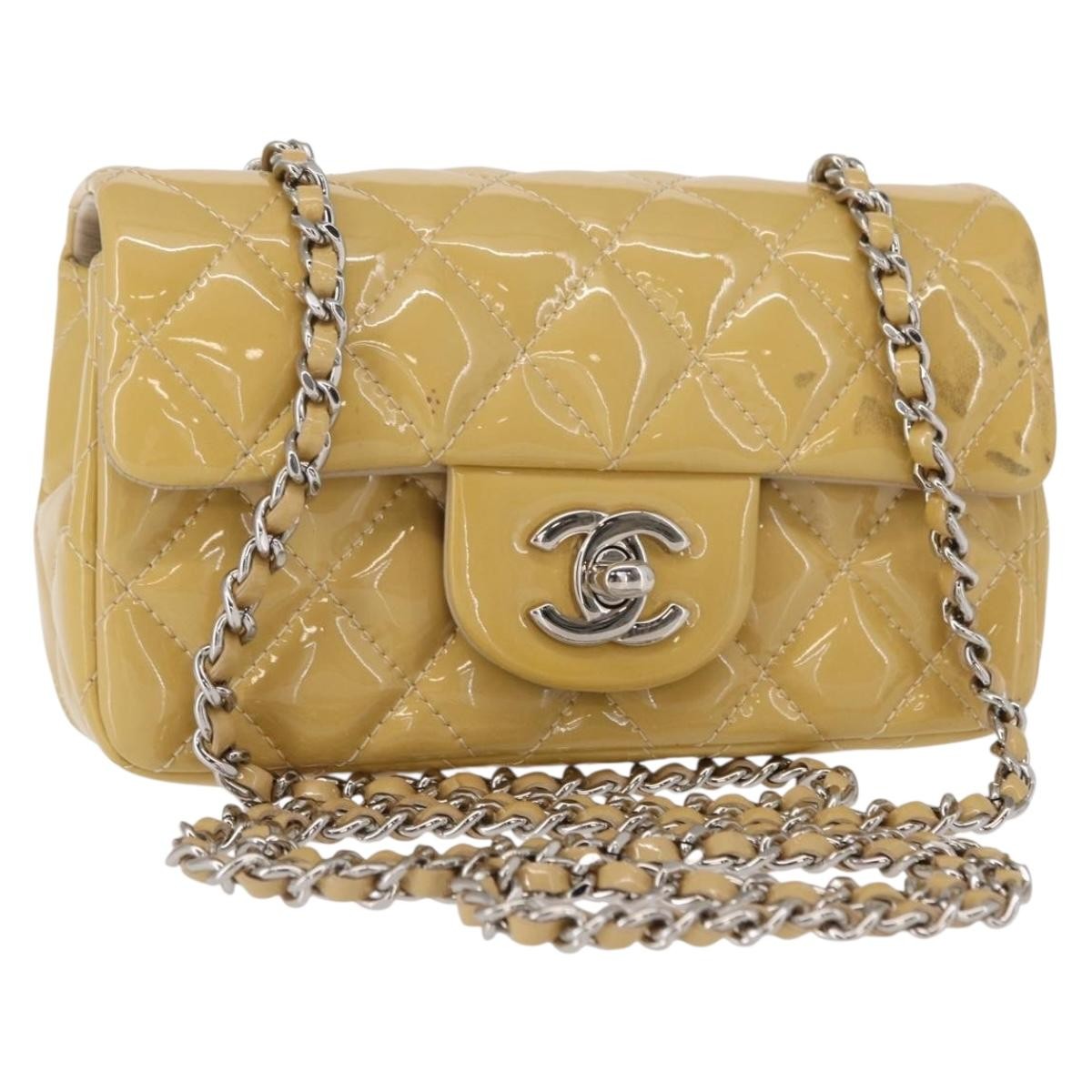 Chanel Vintage Classic Single Flap Bag Quilted Patent, YELLOW, PATENT_LEATHER, Shoulder bag