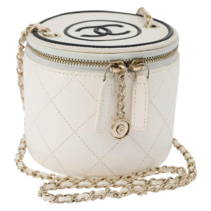 Chanel CC Round Vanity Case with Chain Quilted Lambskin, White, Leather, Clutch