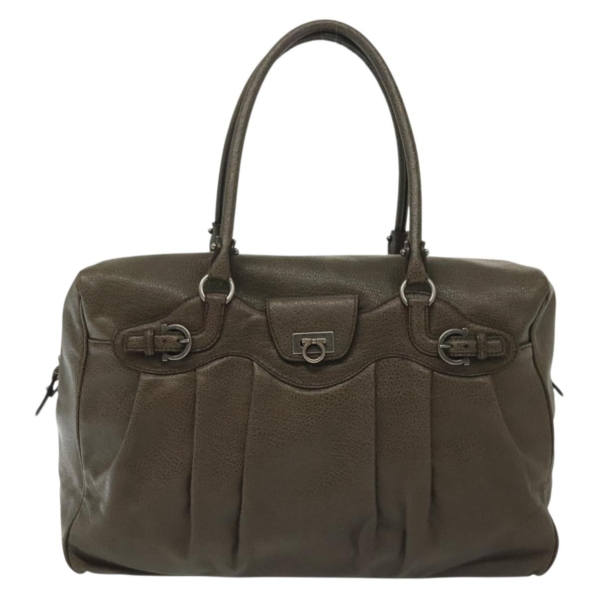 Salvatore Ferragamo Gancini Buckle Shoulder Bag Leather, KHAKI, LEATHER, Shoulder bag