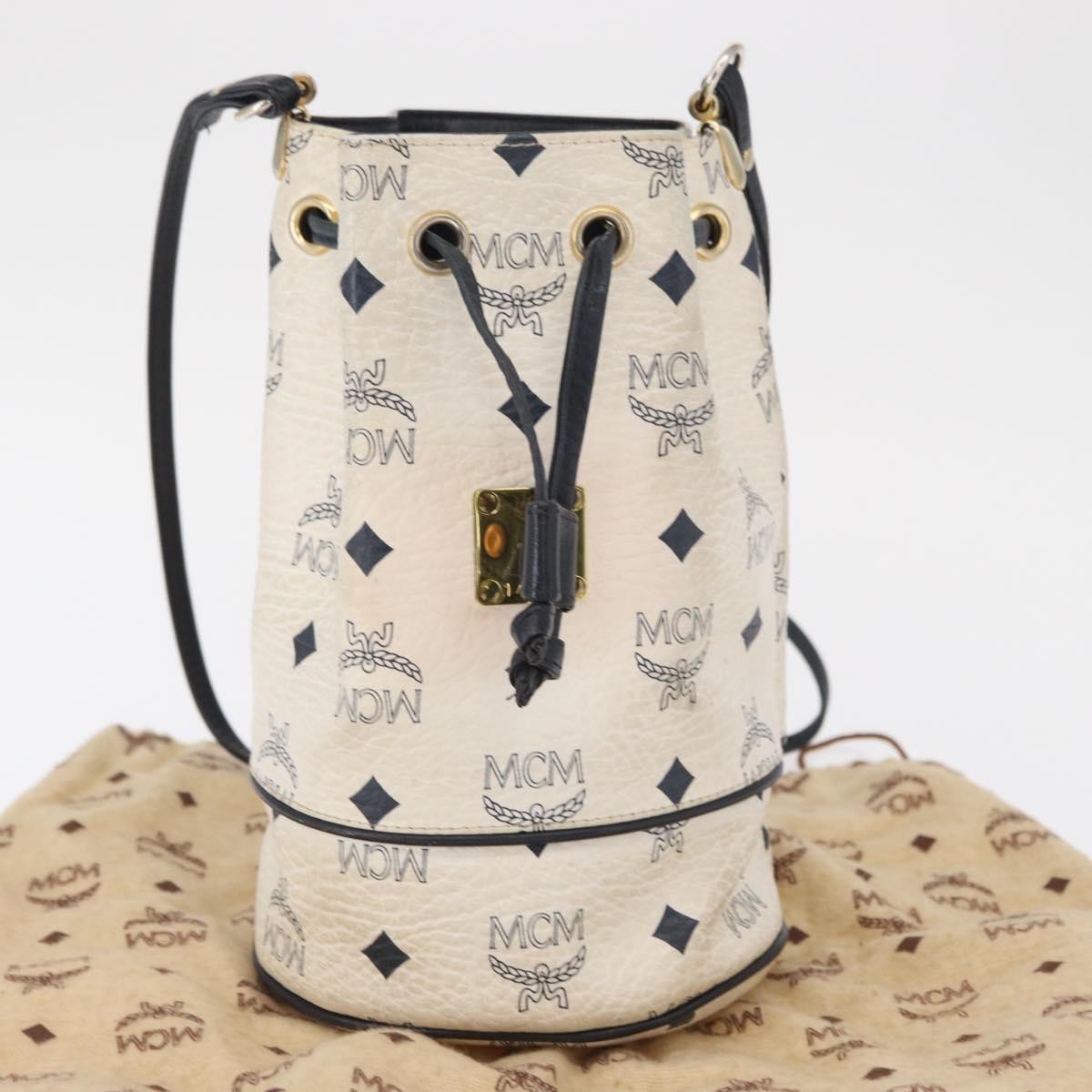 MCM Drawstring Shoulder Bag Leather, WHITE, PVC, Shoulder bag