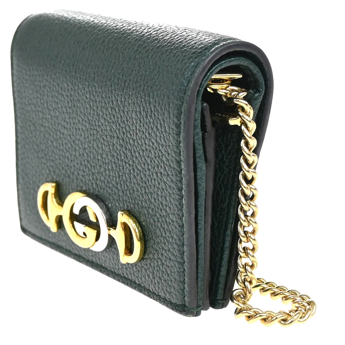 Gucci Zumi Chain Card Case Leather, GREEN, LEATHER, Wallets