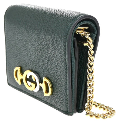 Gucci Zumi Chain Card Case Leather, GREEN, LEATHER, Wallets