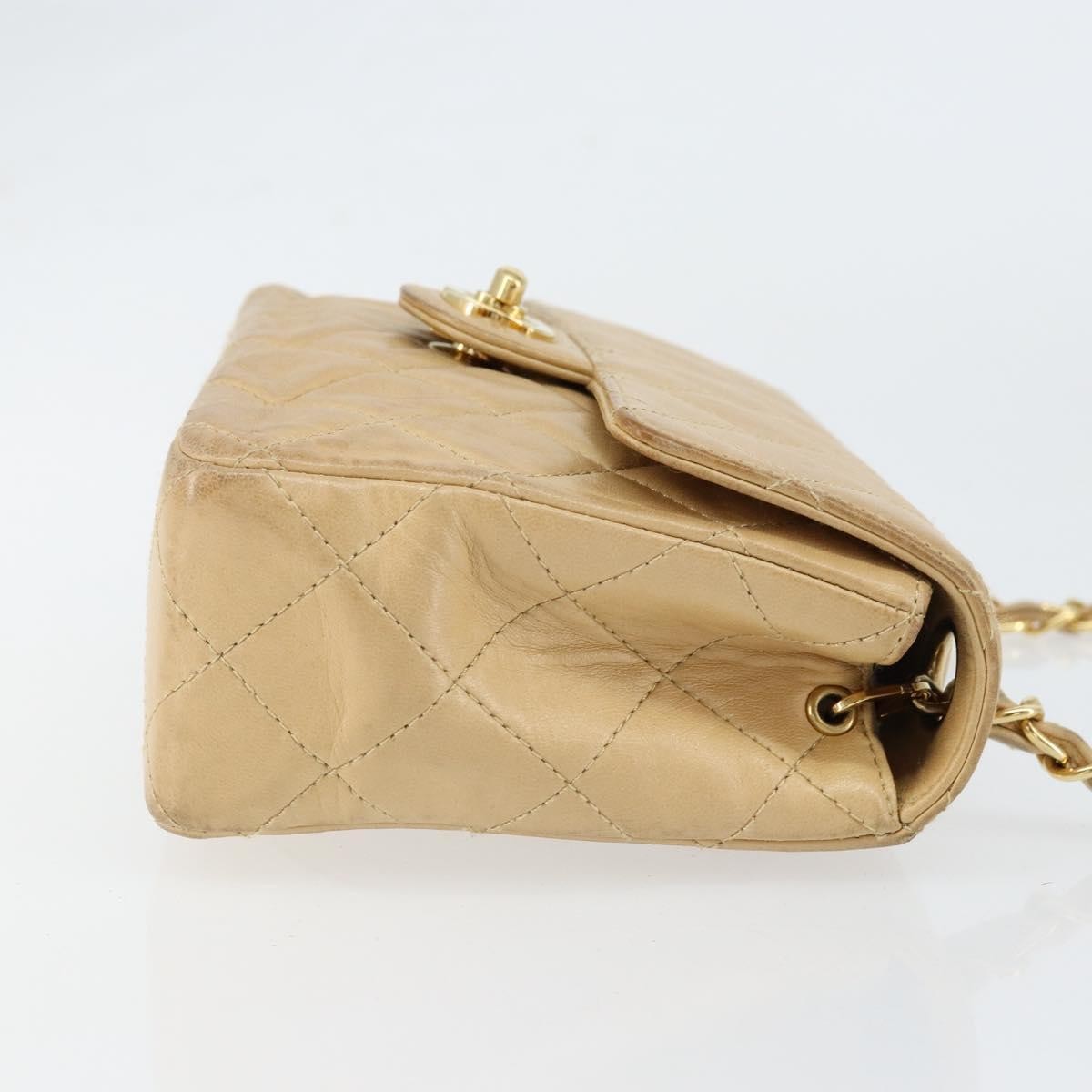 Chanel Vintage Square Classic Single Flap Bag Quilted Lambskin, BEIGE, LEATHER, Shoulder bag