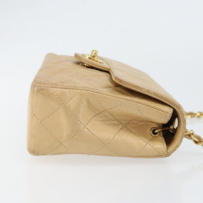 Chanel Vintage Square Classic Single Flap Bag Quilted Lambskin, BEIGE, LEATHER, Shoulder bag