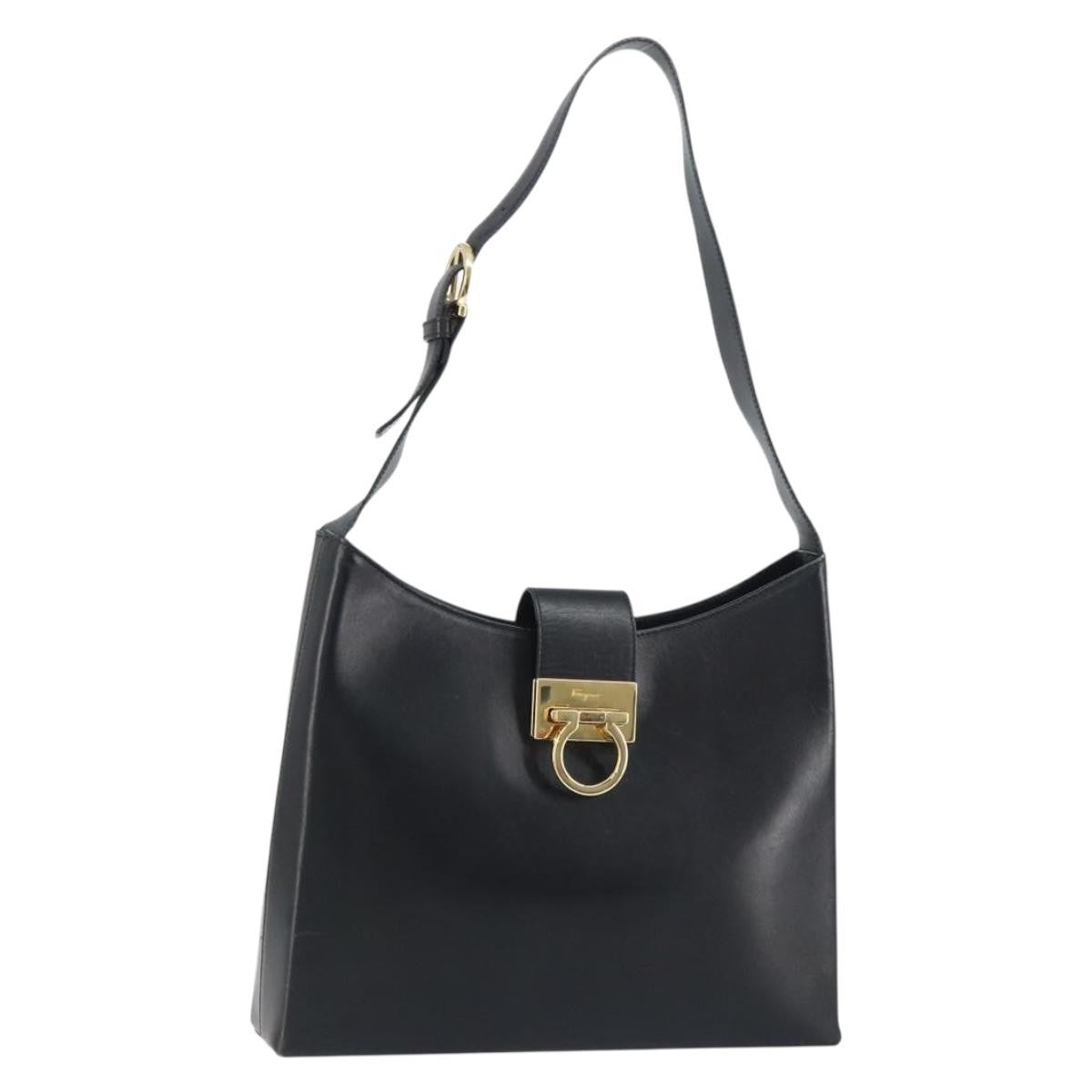 Salvatore Ferragamo Gancio Flap Hobo Leather, BLACK, LEATHER, Shoulder bag