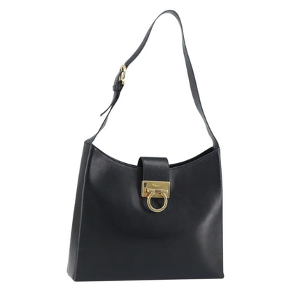 Salvatore Ferragamo Gancio Flap Hobo Leather, BLACK, LEATHER, Shoulder bag