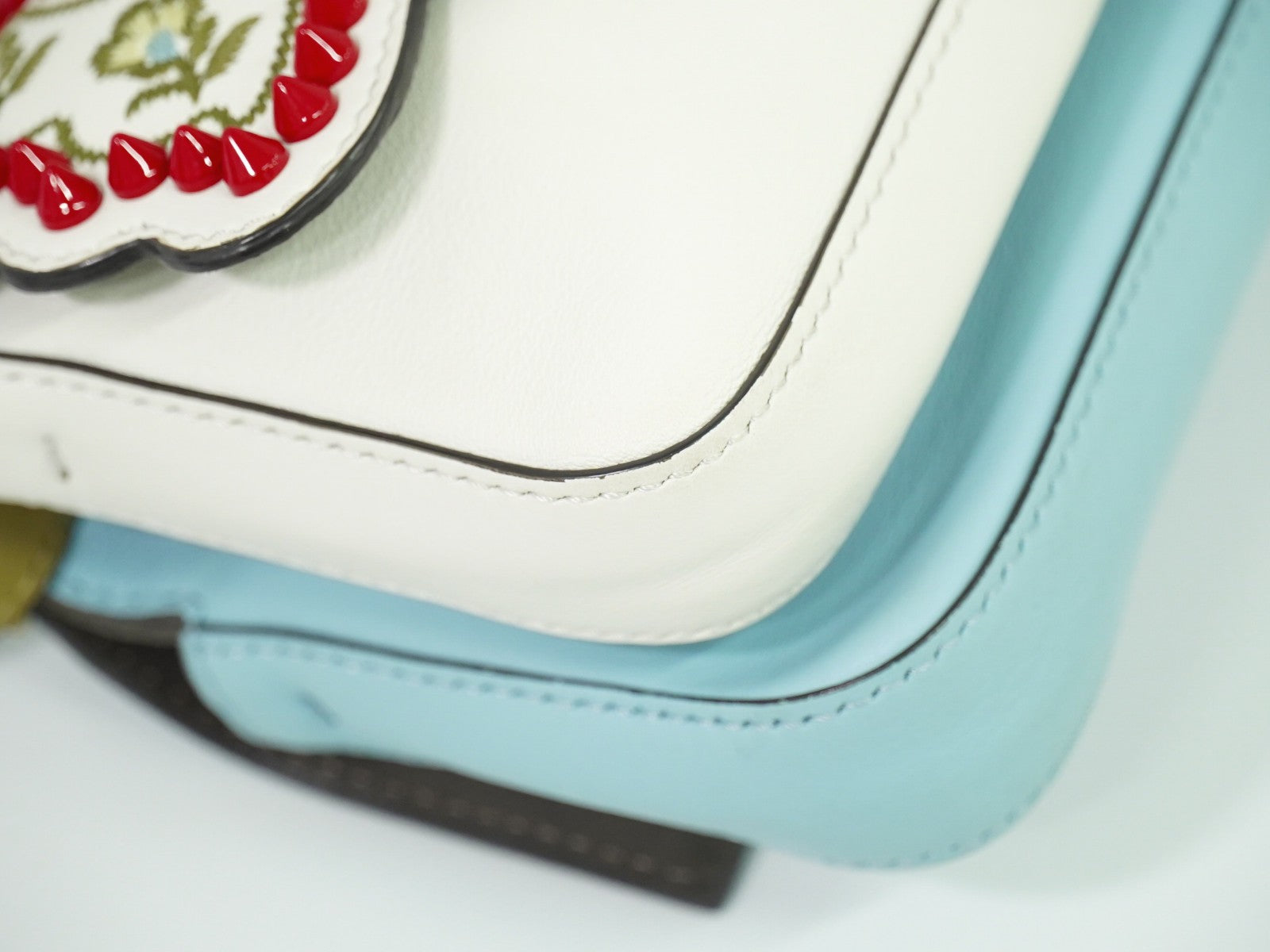 Fendi Double Baguette Embroidered Studded Leather, WHITE, LEATHER, Shoulder bag