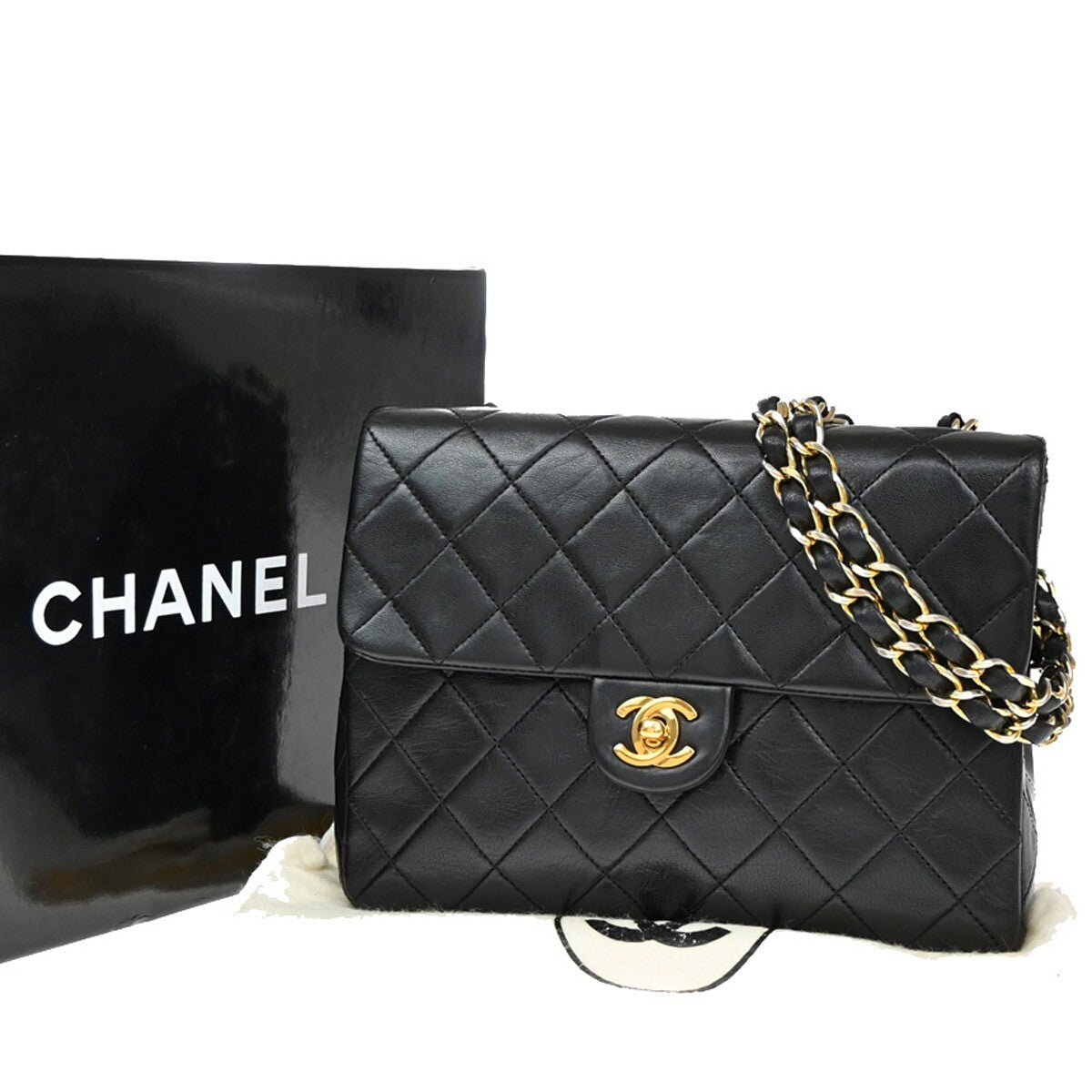 Chanel Vintage Square Classic Flap Bag Quilted Lambskin, BLACK, LEATHER, Shoulder bag