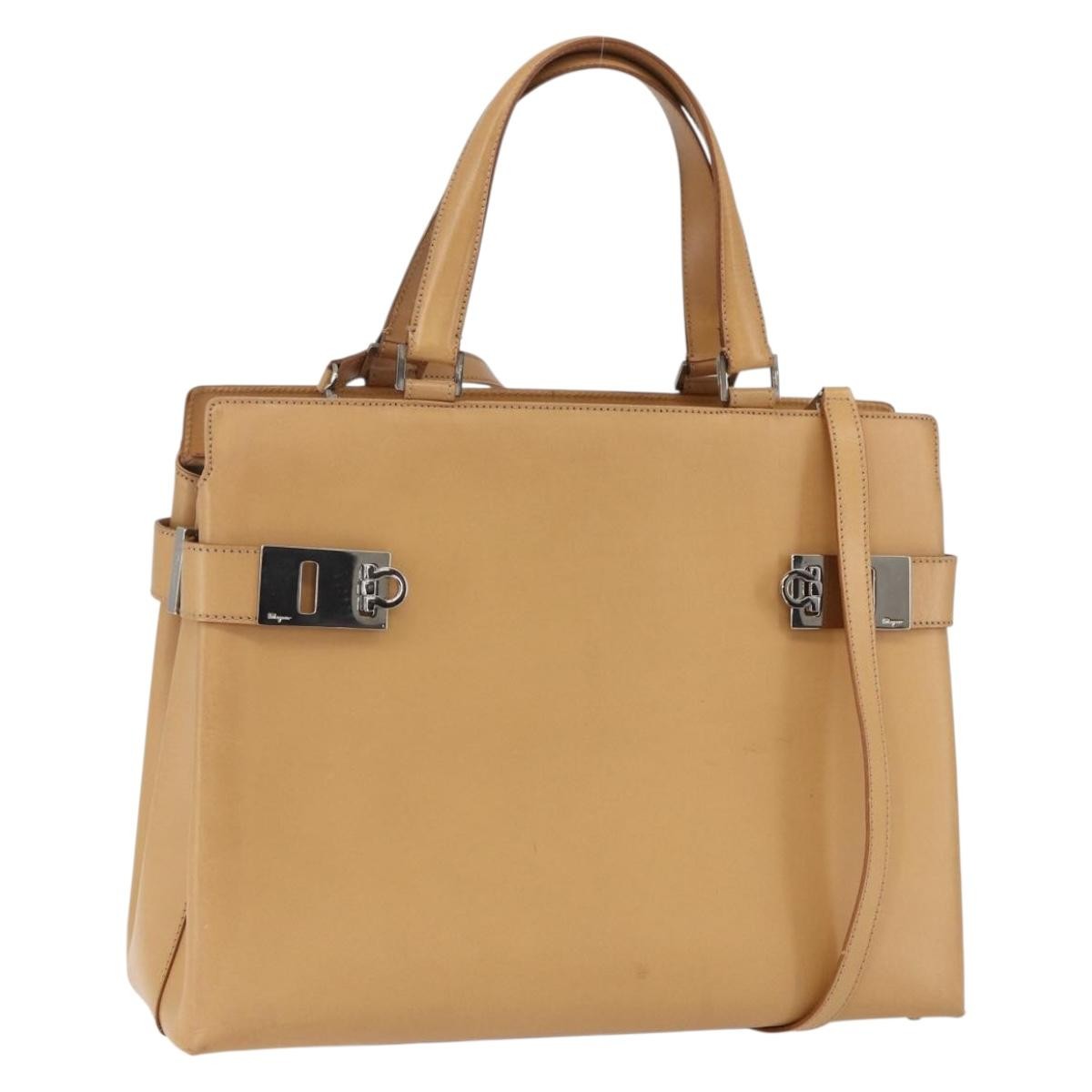 Salvatore Ferragamo Double Gancini Side Buckle Tote Leather, BEIGE, LEATHER, Handbag