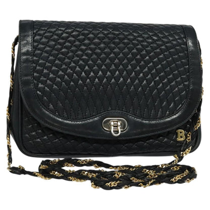 Bally Vintage Chain Shoulder Bag Quilted Leather, Navy, Leather, Shoulder Bag