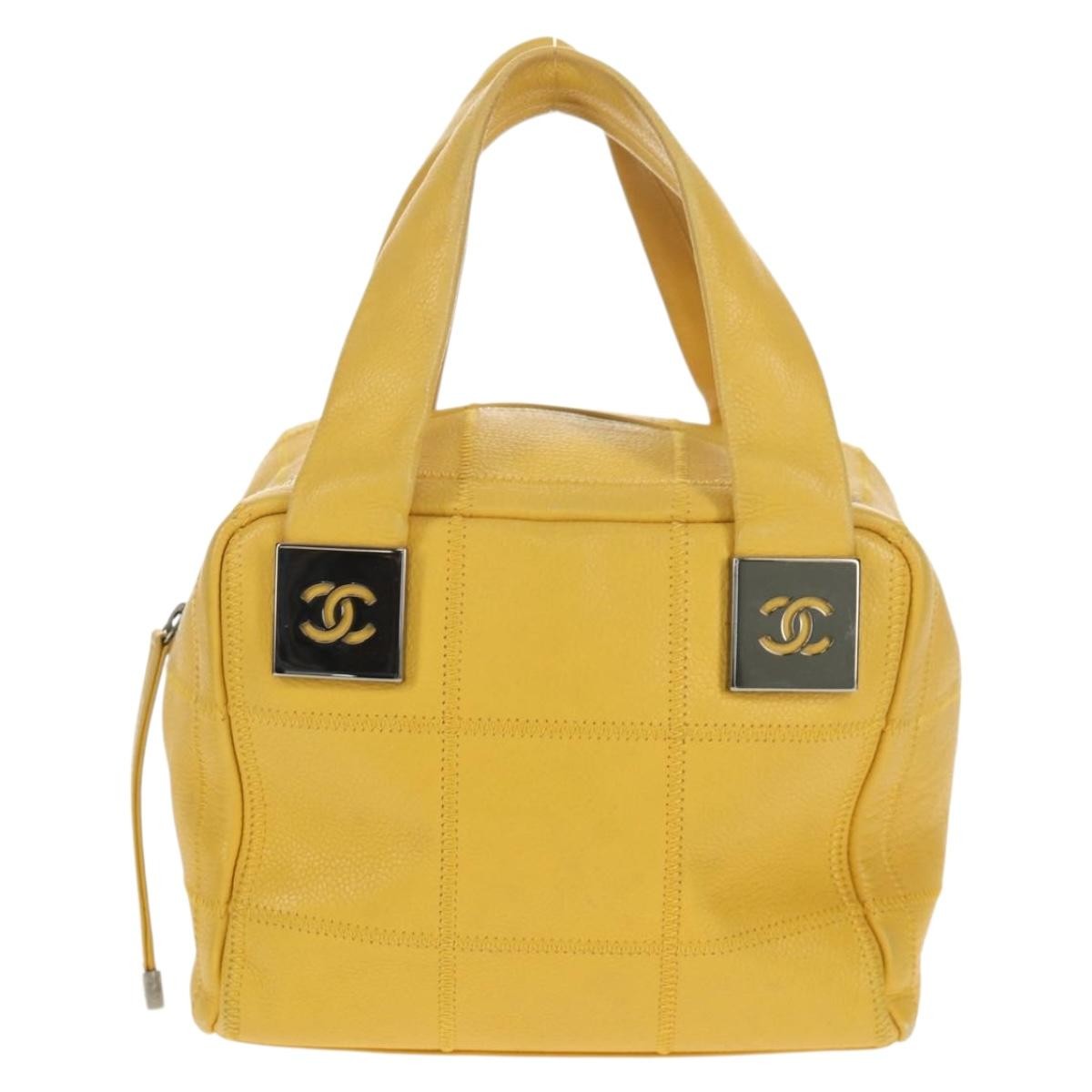 Chanel Square Stitch Bowler Bag Quilted Caviar, YELLOW, LEATHER, Handbag