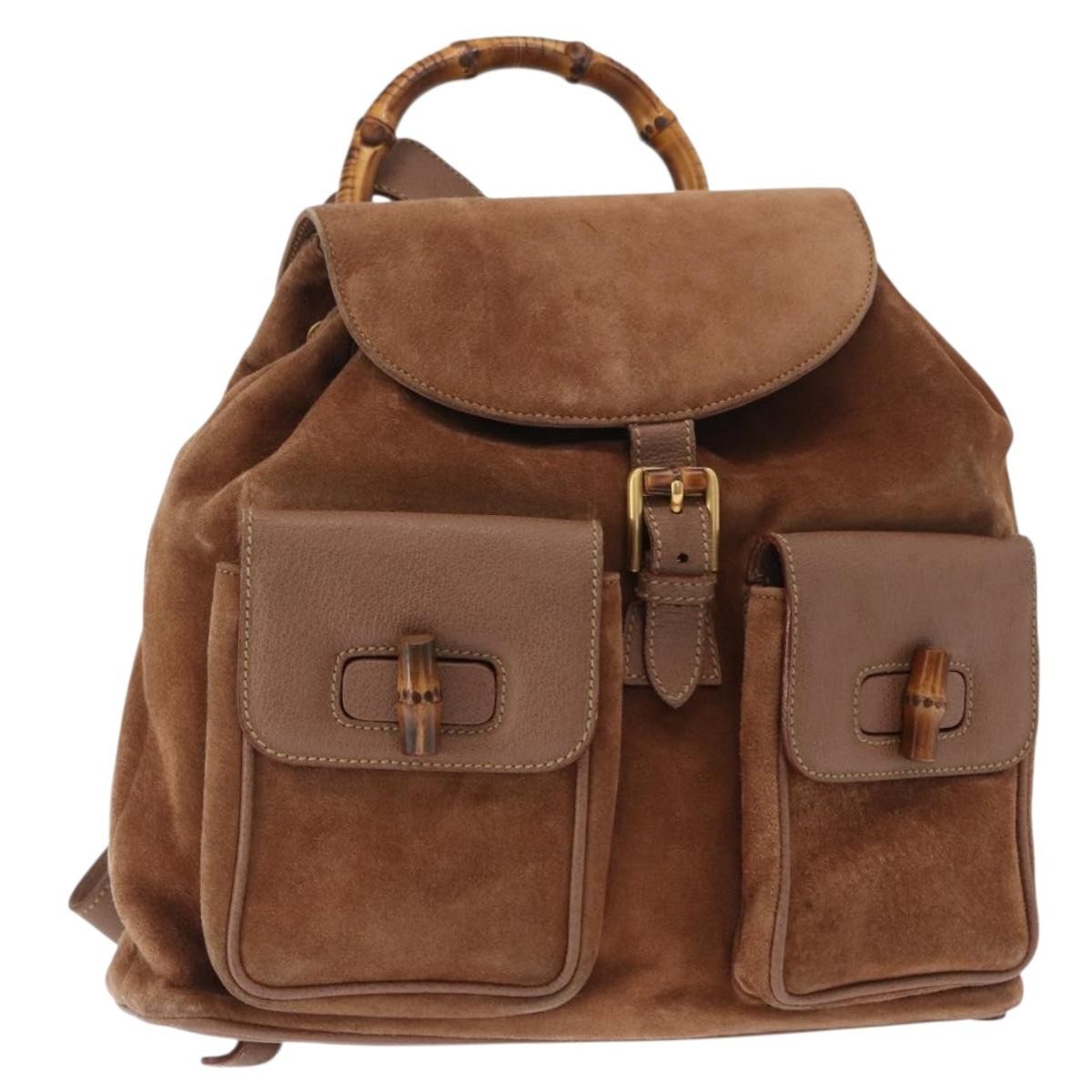 Gucci Vintage Bamboo Backpack Suede, BROWN, SUEDE, Backpack