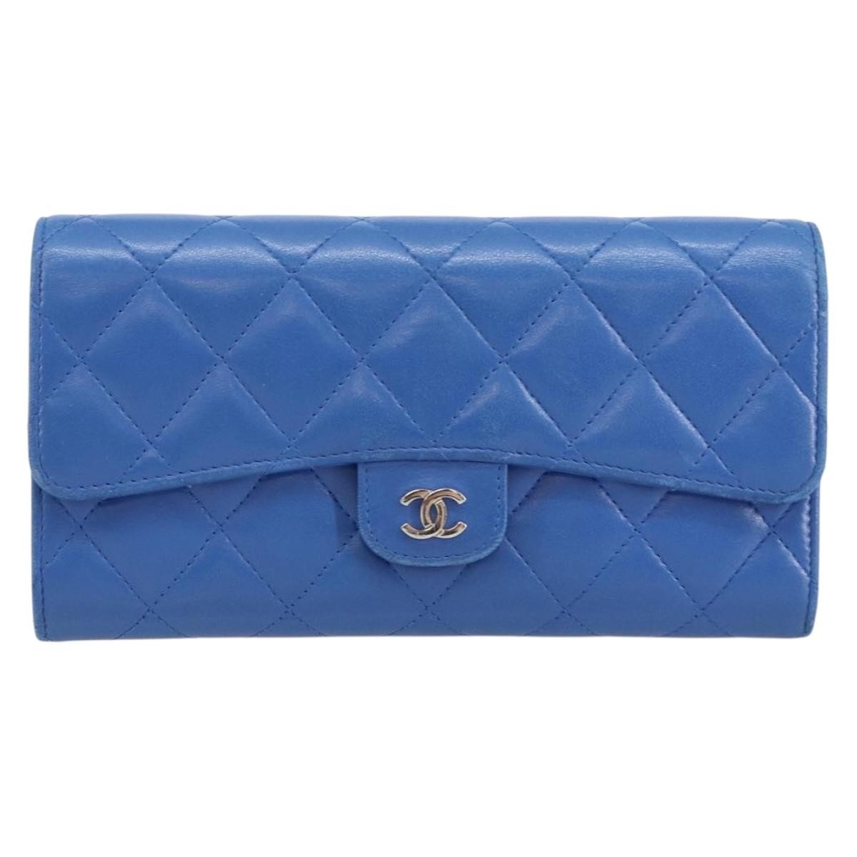 Chanel CC Gusset Classic Flap Wallet Quilted Lambskin, BLUE, LEATHER, Wallets
