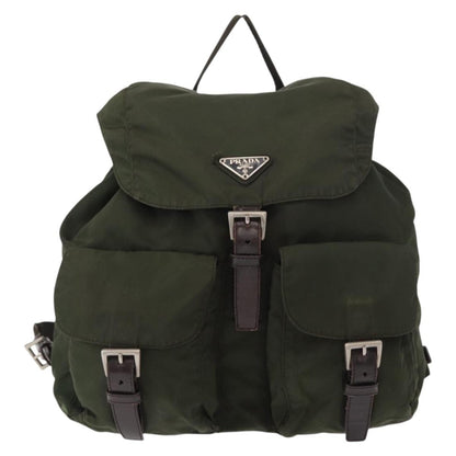 Prada Vela Double Front Pocket Backpack Tessuto with Saffiano Leather, KHAKI, NYLON, Backpack