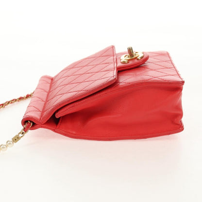 Chanel Pearl Chain Flap Bag Quilted Lambskin, RED, CALFSKIN, Clutche & pouche