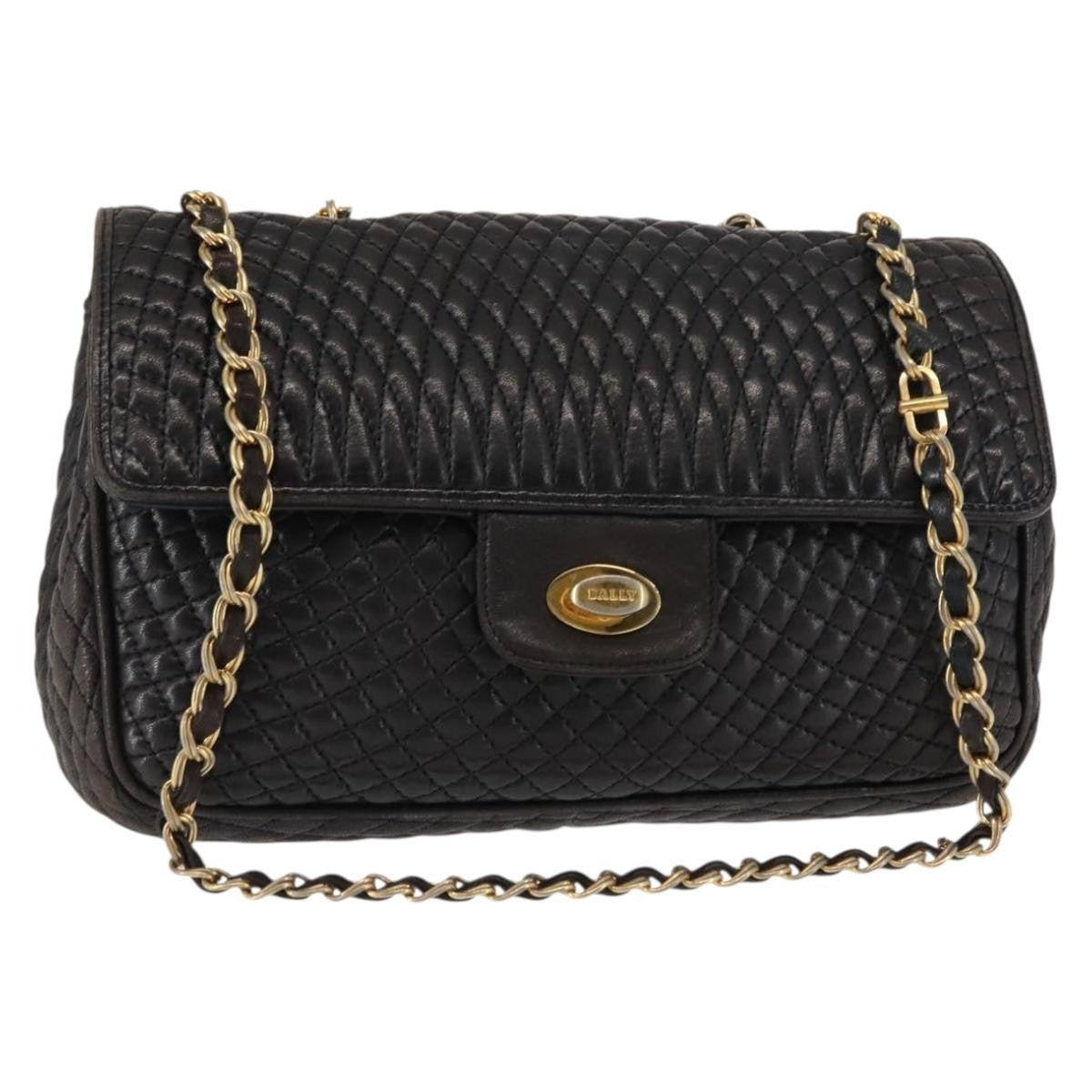 Bally Vintage Chain Shoulder Bag Quilted Leather, BLACK, LEATHER, Shoulder bag
