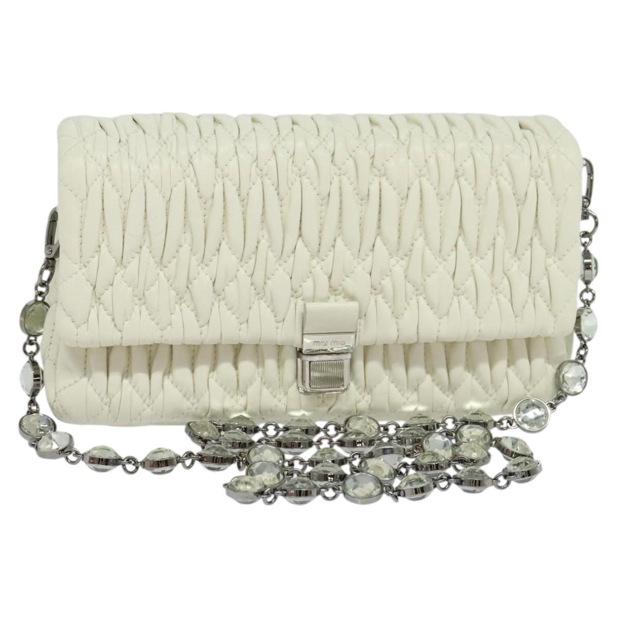 Miu Miu Crystal 2way Pouch Matelasse Leather, WHITE, LEATHER, Shoulder bag
